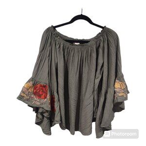 Women's Olive Green Peasant Top Bell Sleeves Embroidered Size 3X